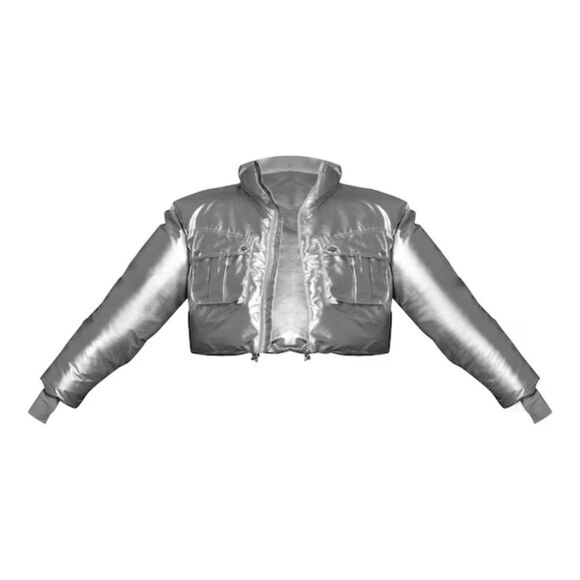 NWT PRETTYLITTLETHING SKI Silver High Shine Cropped Puffer Coat - Picture 4 of 6